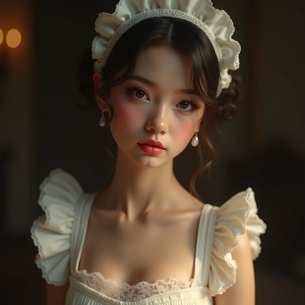 a maid wearing only an apron, beautiful detailed eyes, beautiful detailed lips, extremely detailed face, long eyelashes, maid uniform, apron, intricate details, photorealistic, 8k, detailed rendering, realistic lighting, cinematic, warm color tones, chiaroscuro lighting, elegant, classical art style, masterpiece