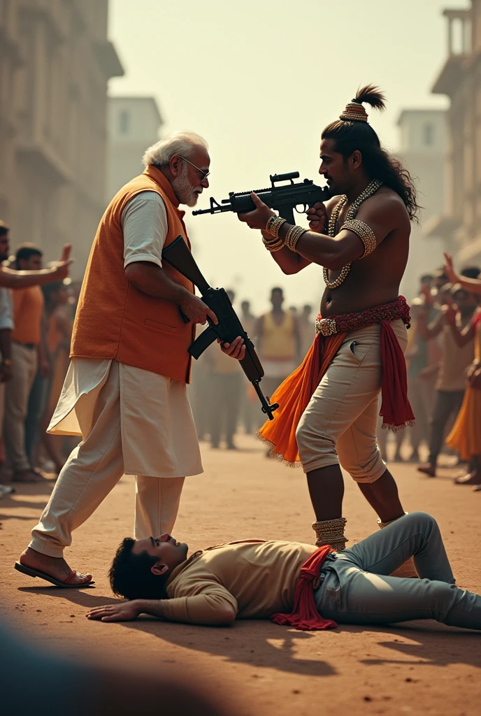 Narendr modi fighting with kreeshna in publicly, angry , narendr modi have ak 47 ,kreeshna have machine gun , Rahul Gandhi on graund