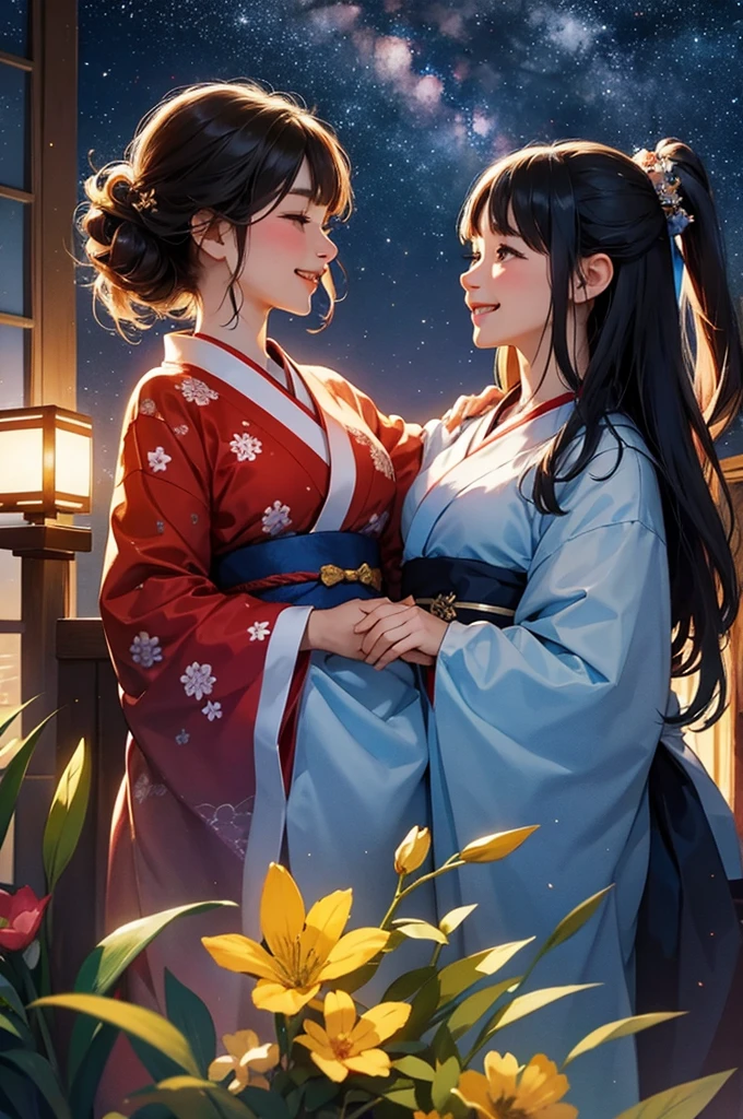 On a starry night, two beautiful girls in kimonos are looking at each other, smiling and having fun with their faces close together.