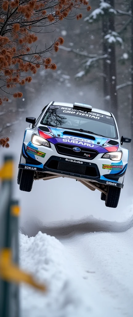 A dynamic angled action shot captures a Subaru rally car in mid-air while performing a jump on a snowy, forested track. The vehicle, predominantly white with sky blue accents, features multiple sponsor logos including 'Royal Purple', 'PIAA', 'Hermont SportsCar', 'DMACK', and 'ECKLER'. The Subaru logo is prominently displayed above the front grille, and 'RALLY RACING' is written across the windshield in white. Bright headlights illuminate the snowy scene, creating a high-contrast effect against the falling snow. The car's front bumper displays 'Royal Purple' and 'ECKLER' logos, with 'PIAA' visible on the side. The background consists of leafless trees covered in snow, with branches laden with rust-brown foliage adding texture to the wintry setting. A metal fence with horizontal bars stretches across the left side of the image, partially wrapped with yellow caution tape. The snow-covered ground below the car is visibly disturbed by its tires, with a dusting of snow visible on the surface. The scene is filled with a flurry of falling snowflakes, emphasizing the harsh winter conditions. The lighting is natural daylight, slightly diffused by the overcast sky, which enhances the stark contrast between the white snow and the car's colors. The overall composition creates a sense of speed and intensity, capturing the thrill of rally racing in a wintry forest environment.