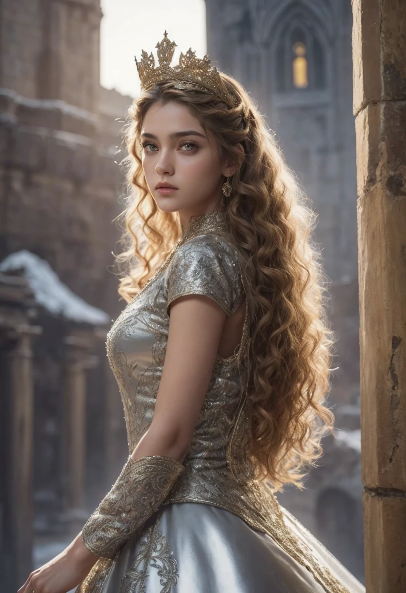 Faça a imagem dessa mulher abraçada com a strong man at 2, dark yellow eyes, short beard all over the face, cabelo curto marrom, yellow medieval noble clothes