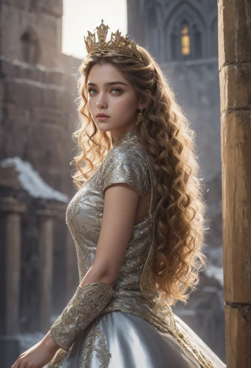 Faça a imagem dessa mulher abraçada com a strong man at 2, dark yellow eyes, short beard all over the face, cabelo curto marrom, yellow medieval noble clothes