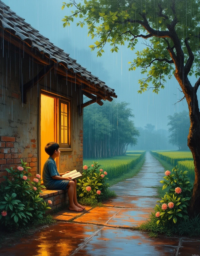 This is a beautiful oil painting with bold brush strokes that depicts a heavy rain scene under the eaves of a house in rural Vietnam. A boy is sitting under the porch, reading a book and looking into the distance, waiting for his mother to come home. The house has a tiled roof and old brick walls. Inside the house, there is a warm yellow light. In front of the house, there are paper flowers and pomelo trees in bloom. The yard is paved with red bricks. In the distance, there is a village road lined with trees and surrounded by rice fields. The atmosphere is peaceful, nostalgic, and the colors are warm and impressive. dreamy, quality, realistic