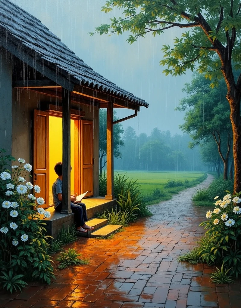 This is a beautiful oil painting with bold brush strokes that depicts a heavy rain scene under the eaves of a house in rural Vietnam. A boy is sitting under the porch, reading a book and looking into the distance, waiting for his mother to come home. The house has a tiled roof and old brick walls. Inside the house, there is a warm yellow light. In front of the house, there are paper flowers and pomelo trees in bloom. The yard is paved with red bricks. In the distance, there is a village road lined with trees and surrounded by rice fields. The atmosphere is peaceful, nostalgic, and the colors are warm and impressive. dreamy, quality, realistic