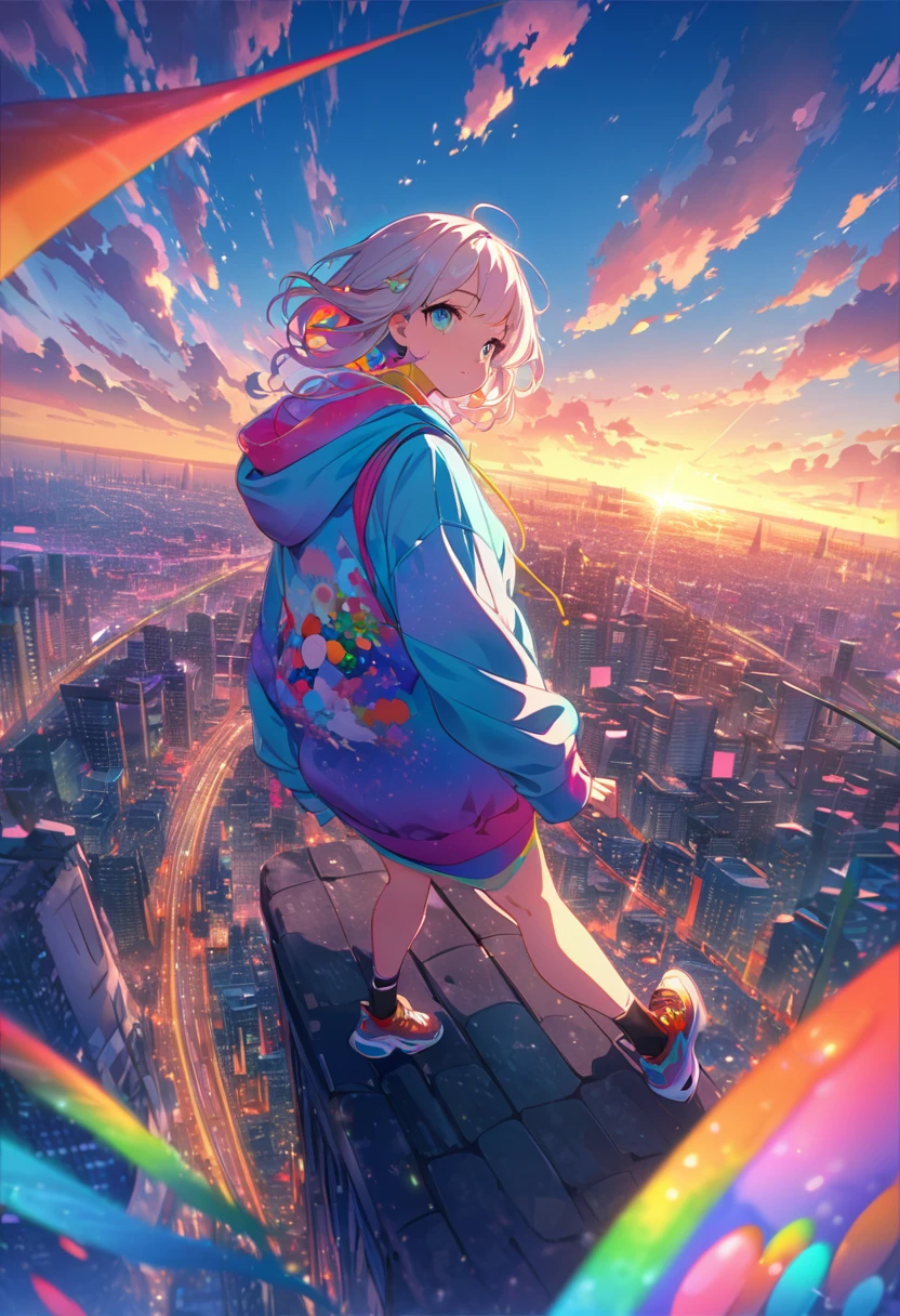 angelic, detailed woman who is walking, woman wearing hoodie, highest billding in city, road, sunrise, horizon, skyline, in the sky, city of clouds, colorful, high-res, 8K