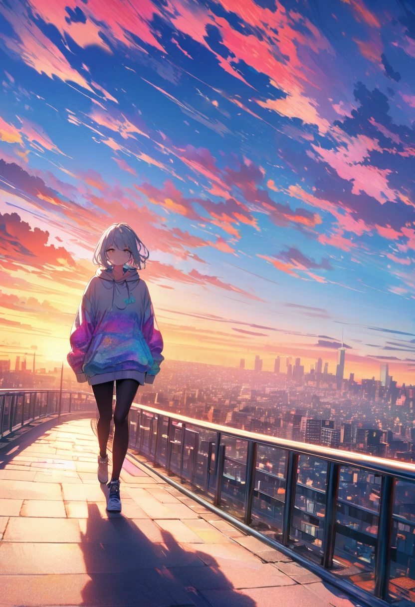 angelic, detailed woman who is walking, woman wearing hoodie, highest billding in city, road, sunrise, horizon, skyline, in the sky, city of clouds, colorful, high-res, 8K