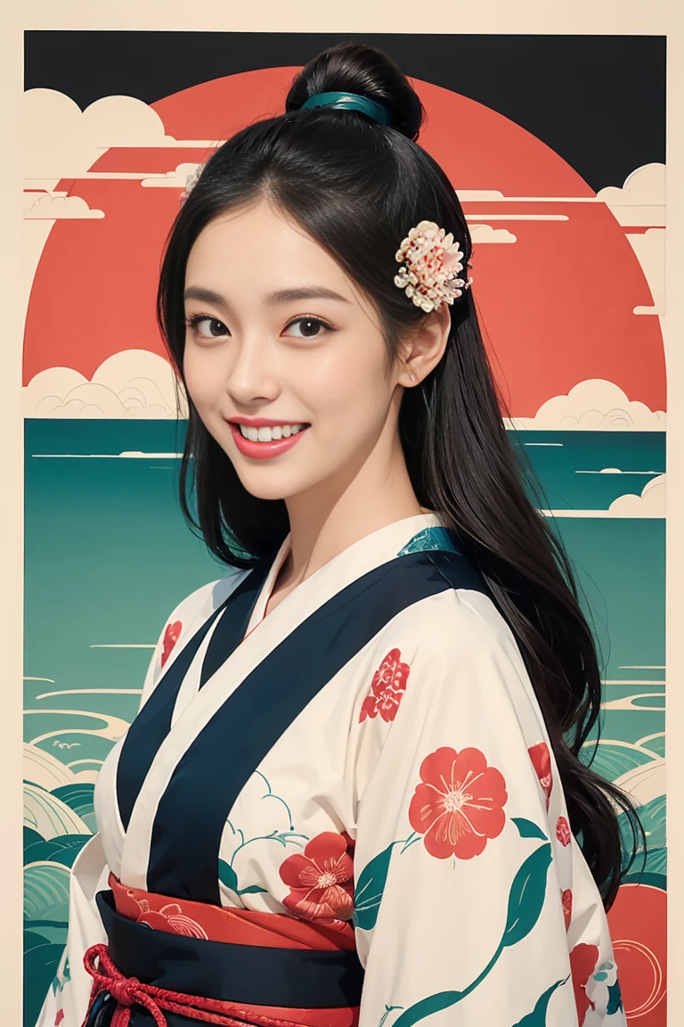 (SeaArt creates stunning illustrations of beautiful women in kimonos)、Vividly colored Ukiyo-e style illustrations、Beautiful woman smiling and showing her upper white teeth、Brown-black long hair、Beautiful full body style、Let me'Let's try dancing the Tokyo Ondo、Beautiful new digital paintings,、Bright and vibrant digital anime art、 Beautiful anime portraits、background、Torii gate of the Japan shrine,front、 Detailed digital anime art