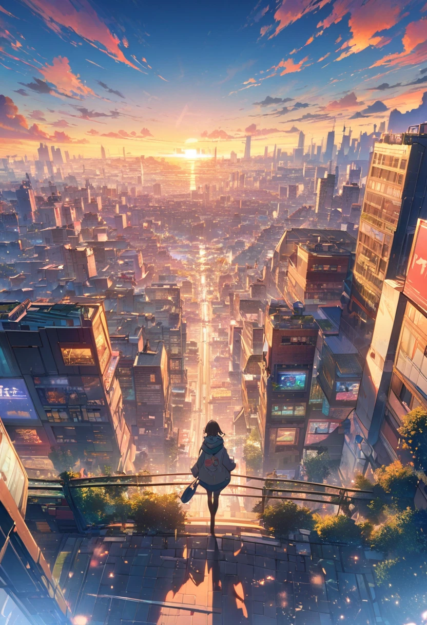 Create exquisite illustrations reminiscent of Makoto Shinkai's style, It has ultra-fine details and top-notch quality. angelic, detailed woman who is walking, woman wearing hoodie, highest billding in city, road, sunrise, horizon, skyline, in the sky, city of clouds, colorful, high-res, 8K