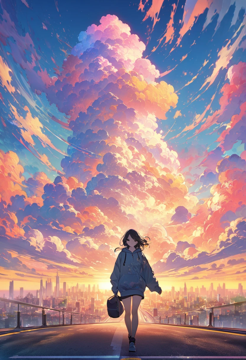 Create exquisite illustrations reminiscent of Makoto Shinkai's style, It has ultra-fine details and top-notch quality. angelic, detailed woman who is walking, woman wearing hoodie,  highest billding in city, road, sunrise, horizon, skyline, in the sky, city of clouds, colorful, high-res, 8K