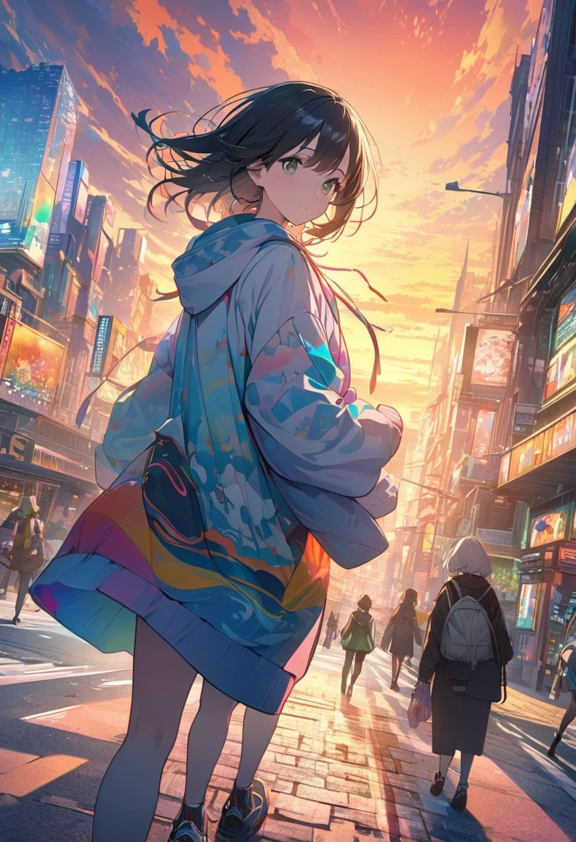Create exquisite illustrations reminiscent of Makoto Shinkai's style, It has ultra-fine details and top-notch quality. angelic, detailed woman who is walking, woman wearing hoodie, highest billding in city, road, sunrise, horizon, skyline, in the sky, city of clouds, colorful, high-res, 8K