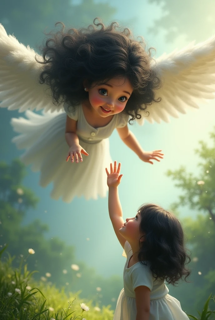An anglel with curly black hair, pointed chin, fair, with beatiful eyes and smile looking down to the land from the sky and a young girl both having 2 with wavy black hair looking at the angel hair showing her hand to the angel from the land