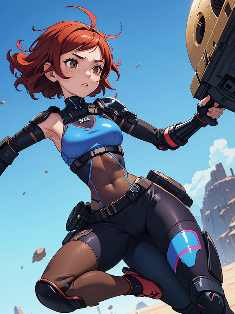 (masterpiece), (best quality), ((one girl)),alone, red hair,((brown eyes)),short curly hair, anime style, freckles, (small breast) (petite figure), blue and black cyberpunk outfit, leggings, knee pads, battle outfit, legs((desert background)) 