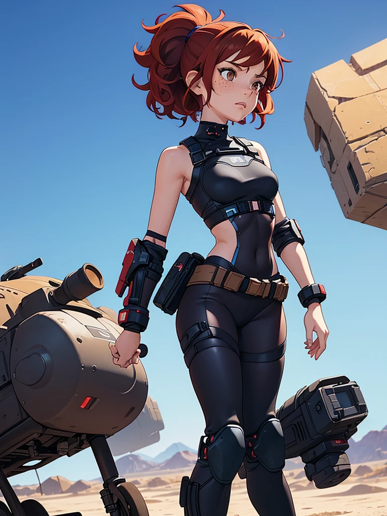 (masterpiece), (best quality), ((one girl)),alone, red hair,((brown eyes)),short curly hair, anime style, freckles, (small breast) (petite figure), blue and black cyberpunk outfit, leggings, knee pads, battle outfit, legs((desert background))