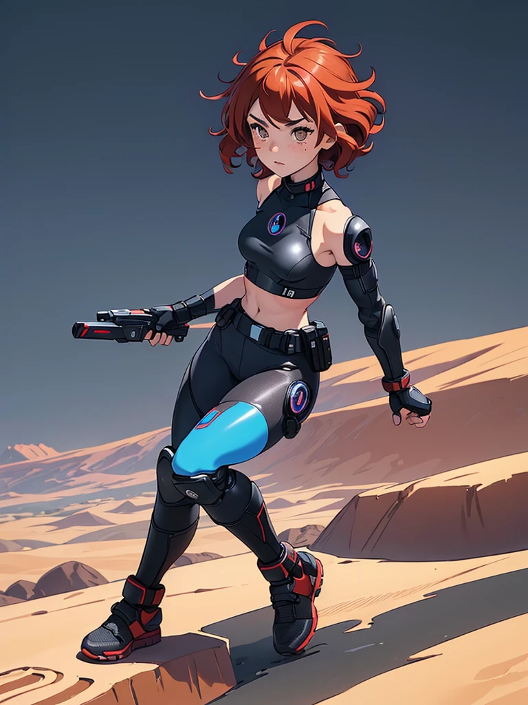 (masterpiece), (best quality), ((one girl)),alone, red hair,((brown eyes)),short curly hair, anime style, freckles, (small ) (petite figure), blue and black cyberpunk outfit, leggings, knee pads, battle outfit, legs((desert background))