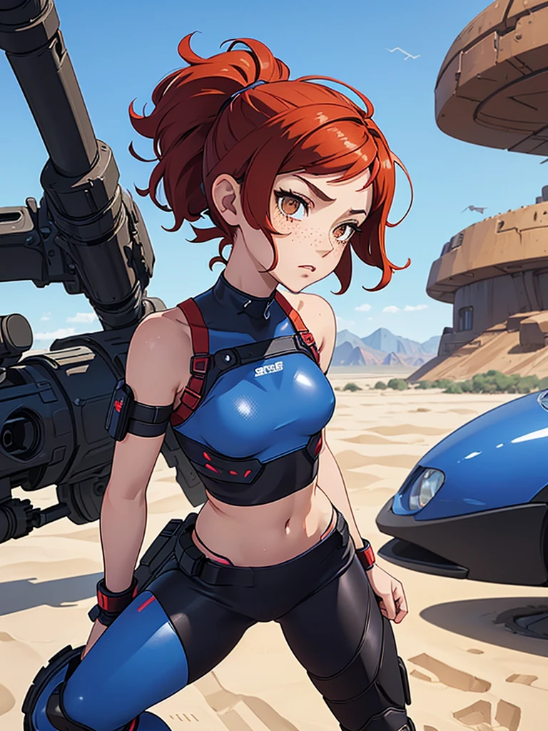 (masterpiece), (best quality), ((one girl)),alone, red hair,((brown eyes)),short curly hair, anime style, freckles, (small breast) (petite figure), blue and black cyberpunk outfit, leggings, knee pads, battle outfit, legs((desert background))