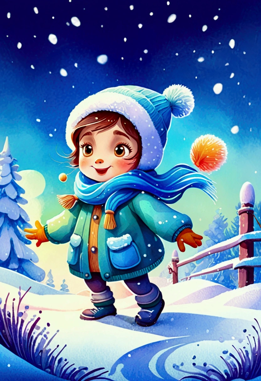 Snow Scenery, Cartoon watercolor painting style, playful cartoon character, dynamic composition, whimsical expression, soft and fluid texture, adds charm and personality, subtle gradients and blending, captures light and atmosphere, creates soft and dreamy scenes, watercolor texture, (best quality, masterpiece, photorealistic), very aesthetic, perfect composition, intricate details, ultra-detailed, vivid colors