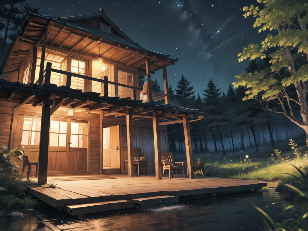 In the middle of the forest, at night, a hut