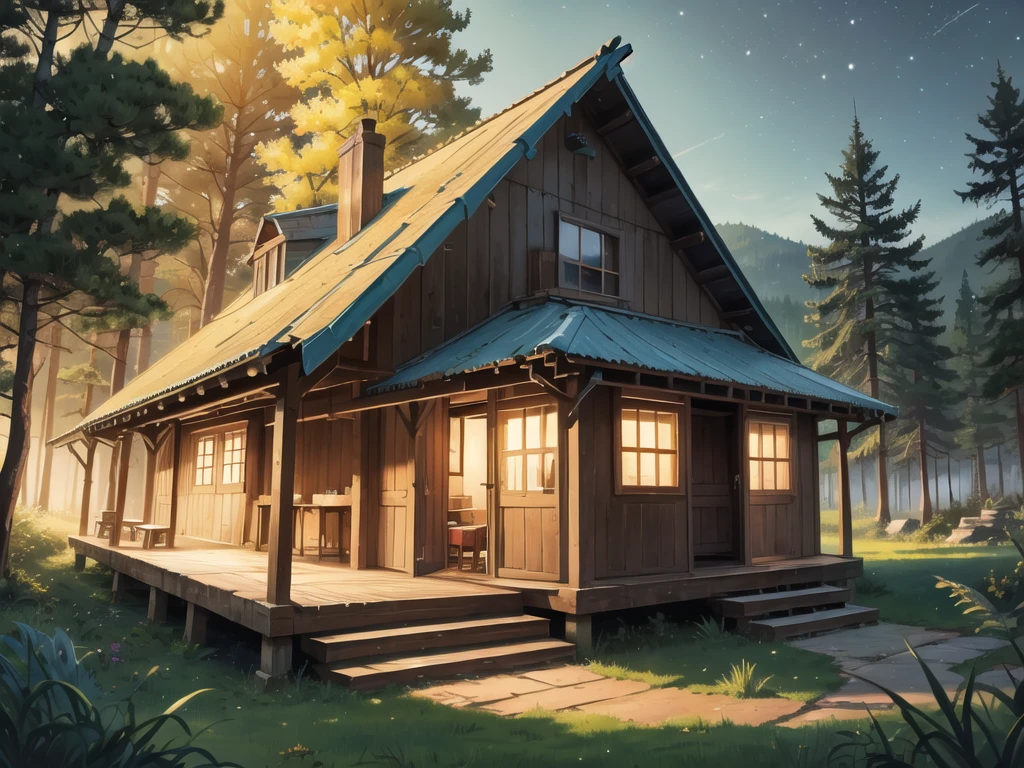 In the middle of the forest, at night, a hut