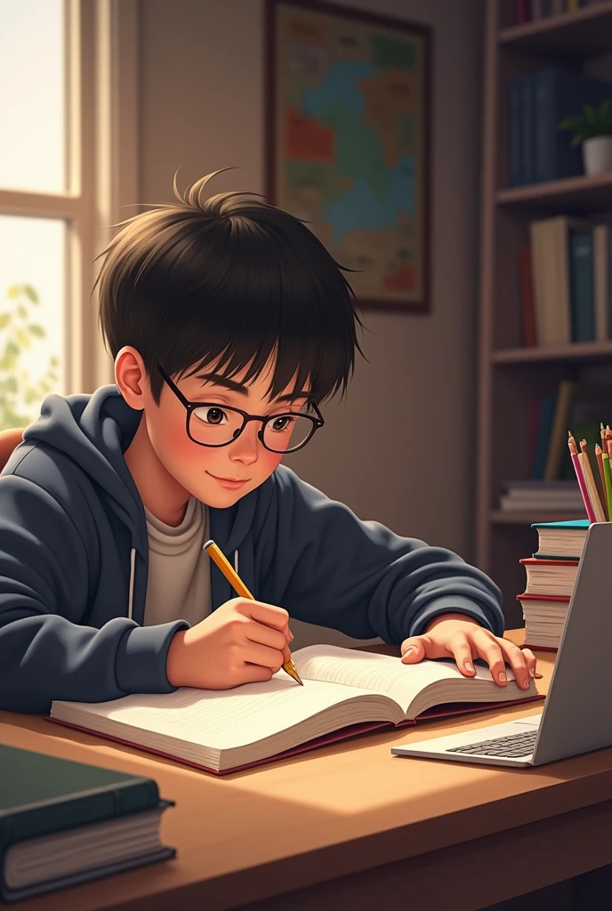Student doining their work in home with note book