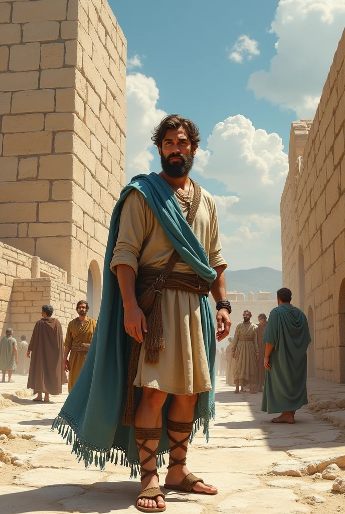 A Caucasian man with a beard and brown hair, thesis clara, bone-colored tunic dress with elbow-length sleeves, short brown skirt, sandals with strings up to the shins, Sky blue cloak, in front of him there is a large temple with tall, elongated walls of large white-ochre stones, Just like the Wailing Wall and the Jewish Temple of the 1st century, Nearby you can see people in Jewish robes and cloaks and around there are small stone Jewish houses from 1st century Jerusalem.