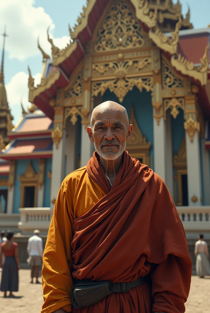 Picture of an old monk with no hair, no beard, no eyebrows, smiling slyly, standing in front of a Thai temple.