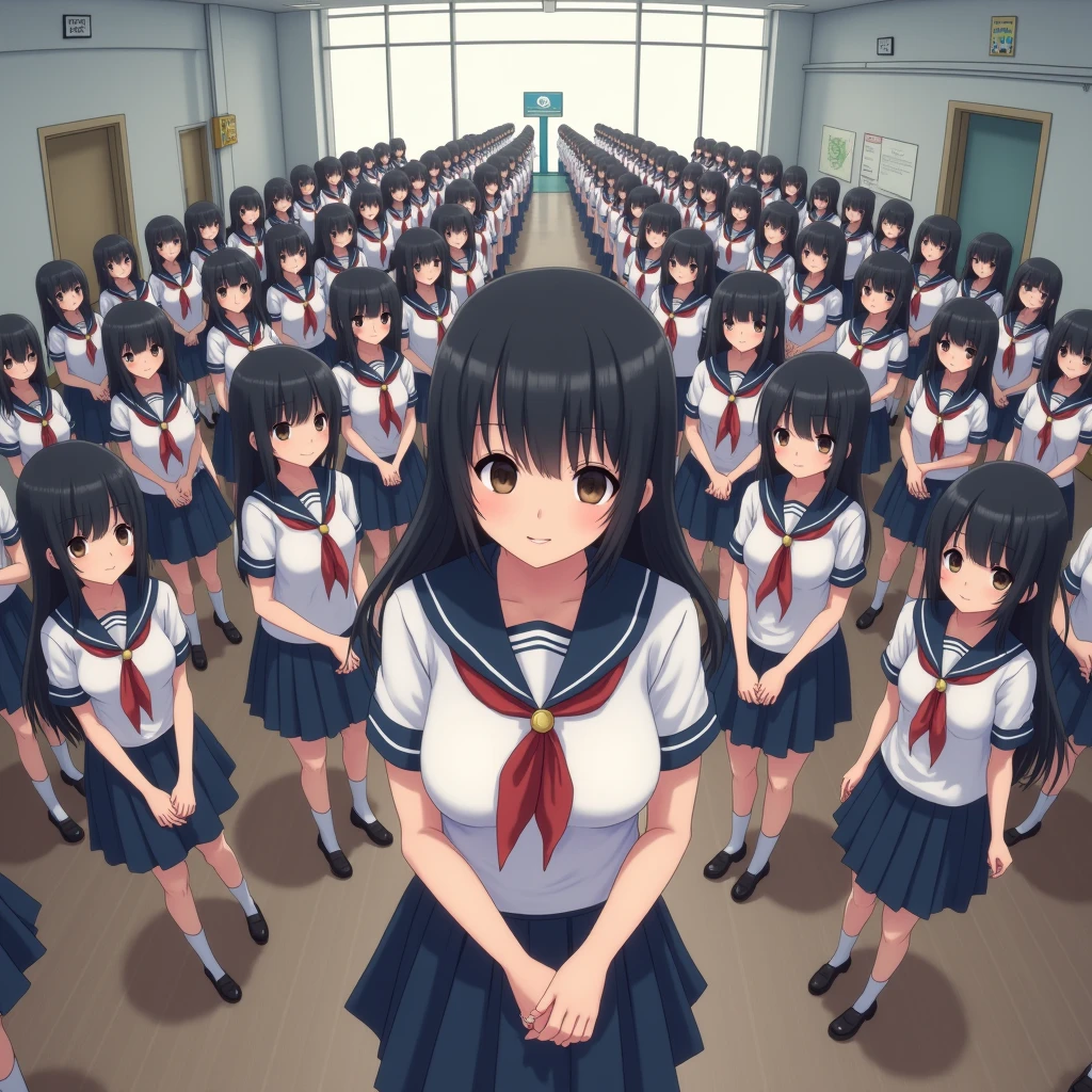 (((((Japanese Clone-girls=Myself))))), (((Super Best Perfect Clone-girls Raw Photography Art), (16K, Highest quality, Ultra-high resolution, Real Photography, RAW quality))), (((It's so unrealistic., An astonishing world view, With an unfathomable sight, In an out-of-this-world situation, In a world where Myself Clone-girls are multiplying in large numbers, Ultra-realistic, Delusion))), (((Japanese Girls, hashimoto-kanna, 17yo, Small face, Thick black hair, Semi-long hair, Dark Eyes, Mature face, Cute Smile, Smiling face, A gentle gaze, (((Very happy laughter)))))), (((Very beautiful detailed girls, Accurate body structure, Accurate body movements, Very detailed body, (((Super big breasts, J-Cup)))))), (((Summer Girls' School Uniform, Light blue shirt, I can see the cleavage, Big breasts emphasis, blue and white striped mini skirt))), ((((((((Very detailed, Myself cloning, Depiction of splitting oneself, 1Myself girl-cloning-1,000,000,000,000,000,000,000,000,000,000Myself clone-girls)))))))), (((((((Very detailed clone depiction, (((The same perfect female body as Myself, Myself and the same perfect face, Perfect same hairstyle as Myself, Myself and the perfect same outfit, Perfect height with myself, Myselfと完璧な同じSuper big breasts)))))))))), (((((Myself clone-girls only))))), (((((1,000,000,000,000,000,000,000,000,000,000Myself clone-girls))))), (((Very detailed, Extremely crowded, Body-to-body contact with no gaps))), (Bright and soft lighting), (((((Clear and accurate perspective depiction, super wide view, Ultra-wide field of view, Focus on the average value of the image))))), (((((Myself clone-girls, With very detailed depiction, Pleasant conversation, Holding hands, Hug, Skinship between thousands of Myselves))))), School building, classroom, corridor, Lounge, spiral stage, Elevator, gym, School Assembly, after school