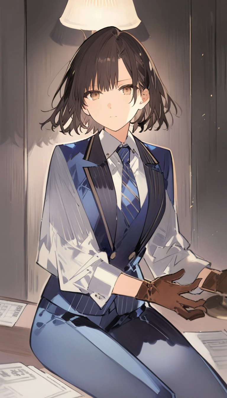 score_9, score_8_up, score_7_up, source_anime, best quality, amazing quality, very aesthetic, 1girl, a close up of a person in a suit and tie with a mask on, female spy, starshadowmagician, 1girl, brown eyes, wariza, medium hair, bob cut with layers, black hair, wearing a strict business suit, blue uniform, white shirt, Long-sleeved shirt, blue grey tie, blue formal coat suit, leather gloves, blue trousers, a woman sitting on table, interrogation room with one burning lamp, night days,