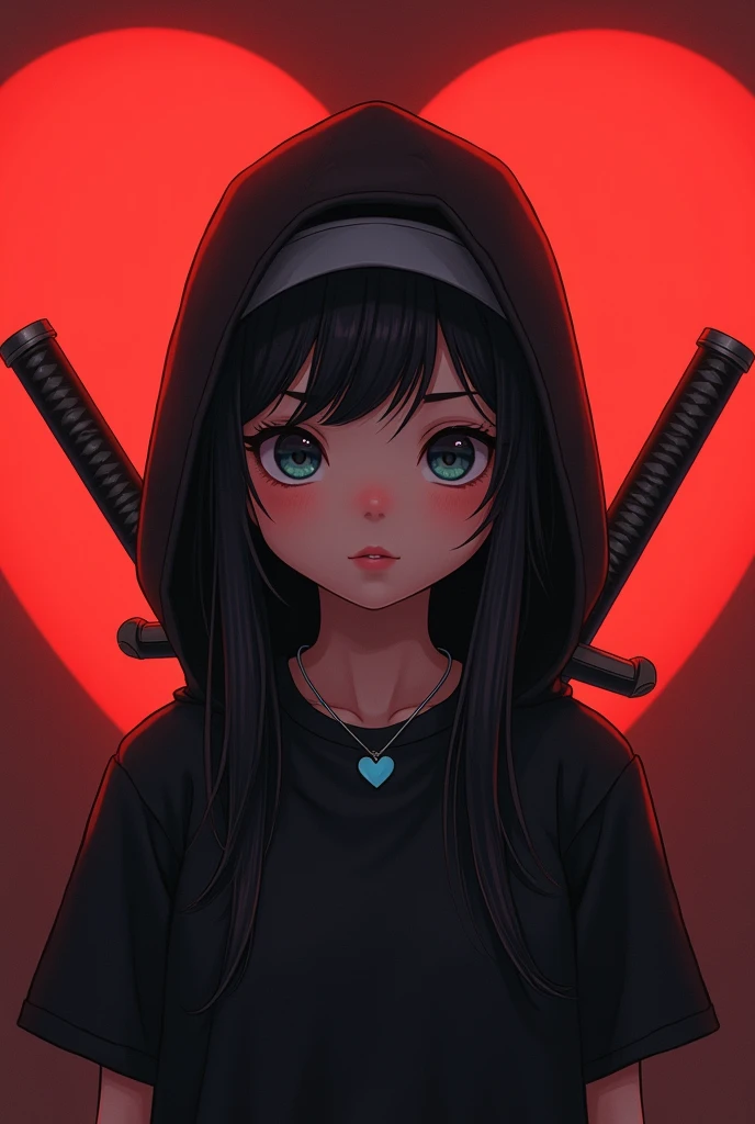 A girl with black t-shirt and hood, long straight hair, book hairstyle, big eyes, small blue heart necklace, ninja hat, red heart, bright red heart background, Disney style, very detailed, photorealistic, 8k, cinematic lighting, warm color palette, masterpiece and two swords on the back like a ninja and ninja hat that only shows the face
