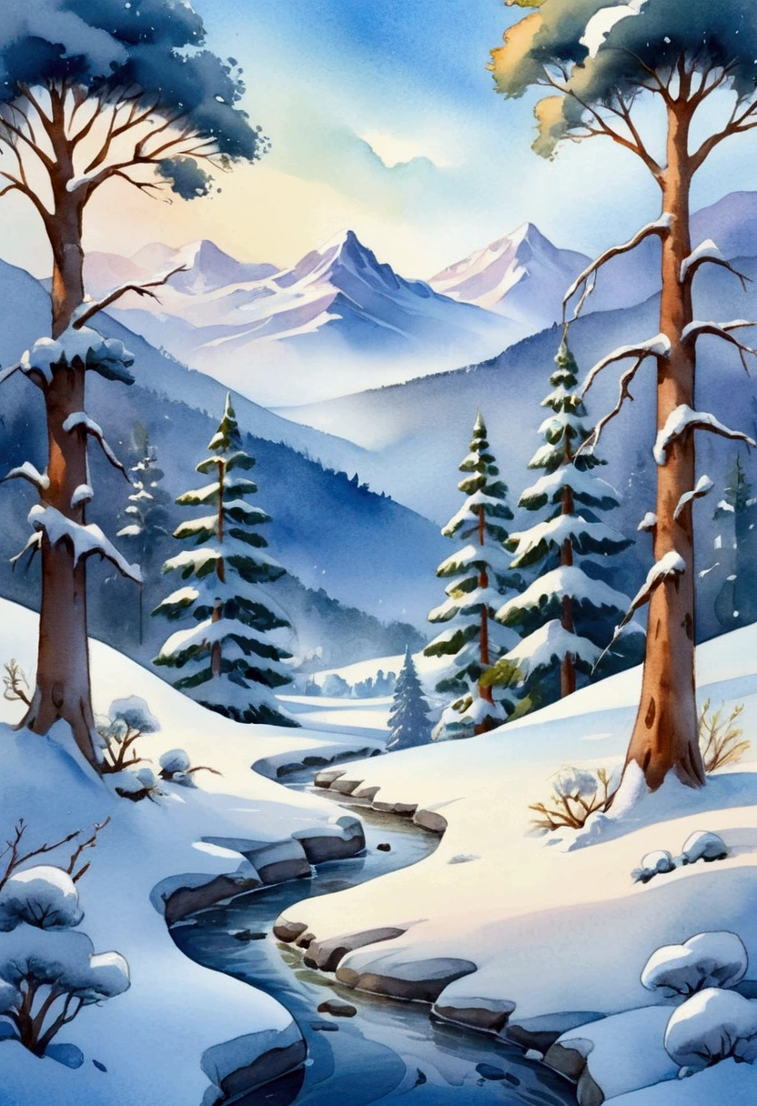 Snow Scenery, Cartoon watercolor painting style, playful cartoon character, dynamic composition, whimsical expression, soft and fluid texture, adds charm and personality, subtle gradients and blending, captures light and atmosphere, creates soft and dreamy scenes, watercolor texture, (best quality, masterpiece, photorealistic), very aesthetic, perfect composition, intricate details, ultra-detailed, vivid colors