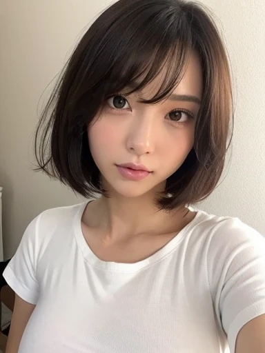 White wall、Tight brown t-shirt、 1 female、Medium Short Hair、No makeup、Round face、Big Tits