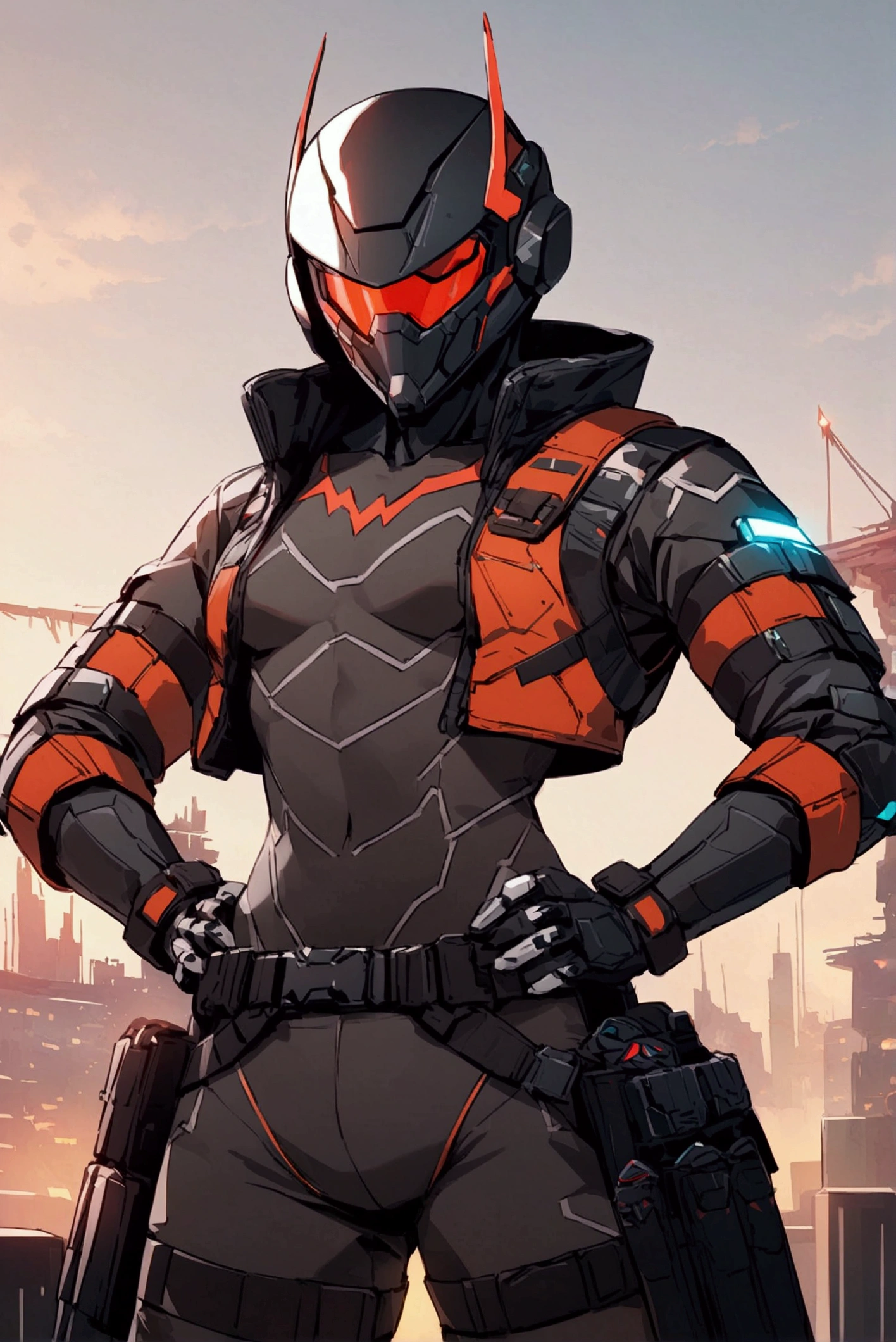 high detailed, Male, full-face helmet. matte black helmet with a smooth, curved surface, plain helmet, grey bodysuit tight shirt. webbing rig, Dark brown cargo pants, V shaped lenses. Black Jacket, Black and red jacket, Open jacket. Halfbody view, Hands on hips, two white eyes, mercenary, black jacket, cyberpunk, tactical soldier, webbing rig, Cyberpunk, tactical gear, cyberpunk