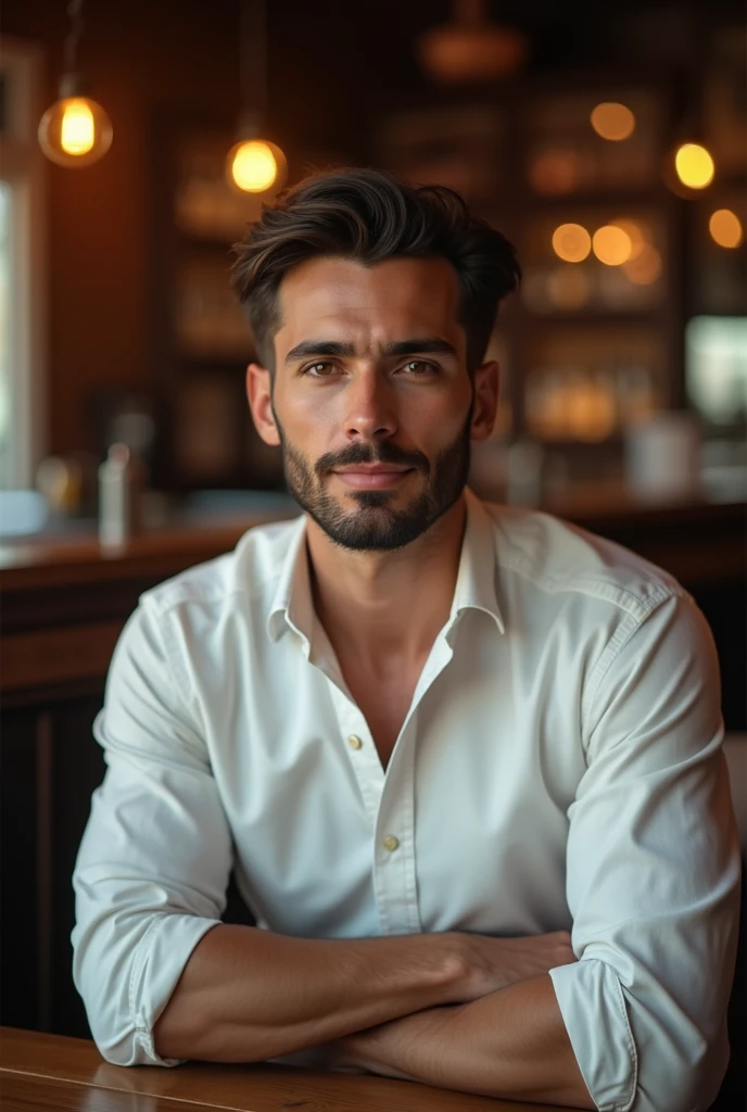 man, 30 years, moreno, hazel eyes, handsome, with white shirt, realist, whole body, pub,
