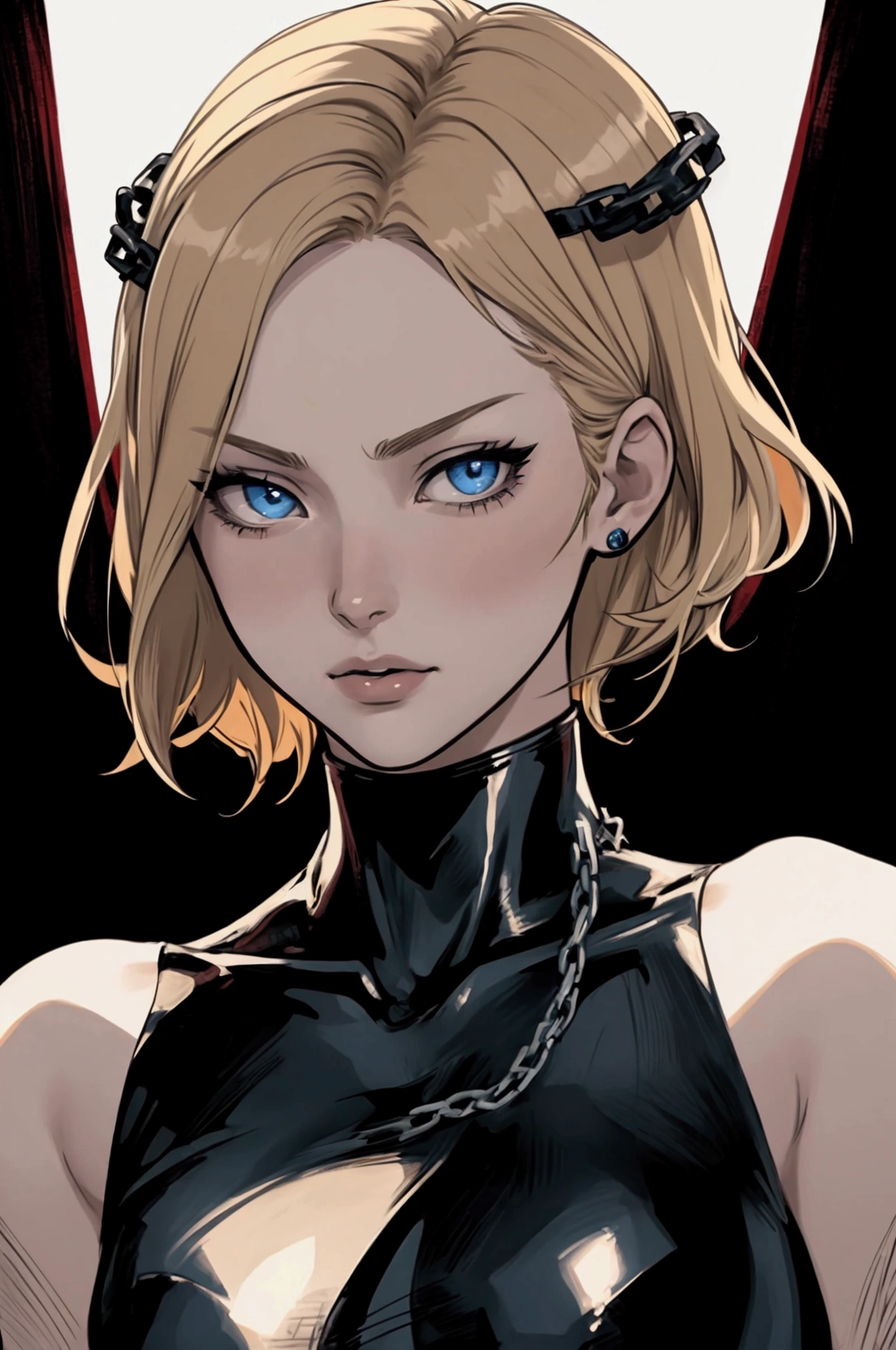 Generate a highly detailed anime-style portrait of a female character with short, blonde hair and sharp blue eyes. The art should feature expressive, semi-realistic facial features with subtle yet painterly shading. The character should be a mysterious and confident vibe. Her expression is neutral, with a slight smirk, and she wears black gloves that reflect a sleek, glossy texture.  shackles and chains on her limbs, showing that she is a slave. The background should have a rich, deep red color with soft, abstract brush strokes. The overall style should blend realism with anime aesthetics, using bold outlines, detailed facial features, and dramatic lighting to create a moody and atmospheric scene. The color palette should be vibrant yet harmonized, with strong contrast between the character and the background.