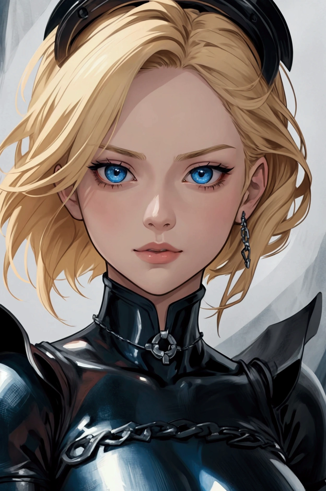 Generate a highly detailed anime-style portrait of a female character with short, blonde hair and sharp blue eyes. The art should feature expressive, semi-realistic facial features with subtle yet painterly shading. The character should be a mysterious and confident vibe. Her expression is neutral, with a slight smirk, and she wears black gloves that reflect a sleek, glossy texture. shackles and chains on her limbs, showing that she is a slave. The background should have a rich, deep red color with soft, abstract brush strokes. The overall style should blend realism with anime aesthetics, using bold outlines, detailed facial features, and dramatic lighting to create a moody and atmospheric scene. The color palette should be vibrant yet harmonized, with strong contrast between the character and the background.