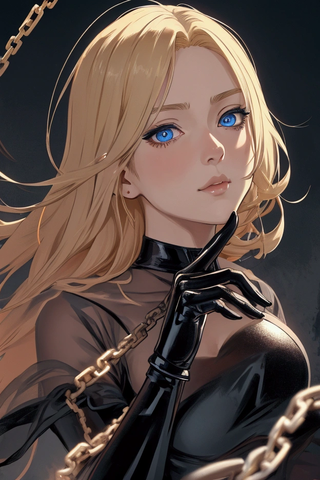 Generate a highly detailed anime-style portrait of a female character with short, blonde hair and sharp blue eyes. The art should feature expressive, semi-realistic facial features with subtle yet painterly shading. The character should be a mysterious and confident vibe. Her expression is neutral, with a slight smirk, and she wears black gloves that reflect a sleek, glossy texture.  shackles and chains on her limbs, showing that she is a slave. The background should have a rich, deep red color with soft, abstract brush strokes. The overall style should blend realism with anime aesthetics, using bold outlines, detailed facial features, and dramatic lighting to create a moody and atmospheric scene. The color palette should be vibrant yet harmonized, with strong contrast between the character and the background.