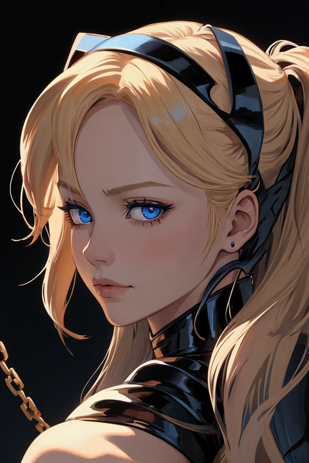 Generate a highly detailed anime-style portrait of a female character with short, blonde hair and sharp blue eyes. The art should feature expressive, semi-realistic facial features with subtle yet painterly shading. The character should be a mysterious and confident vibe. Her expression is neutral, with a slight smirk, and she wears black gloves that reflect a sleek, glossy texture.  shackles and chains on her limbs, showing that she is a slave. The background should have a rich, deep red color with soft, abstract brush strokes. The overall style should blend realism with anime aesthetics, using bold outlines, detailed facial features, and dramatic lighting to create a moody and atmospheric scene. The color palette should be vibrant yet harmonized, with strong contrast between the character and the background.