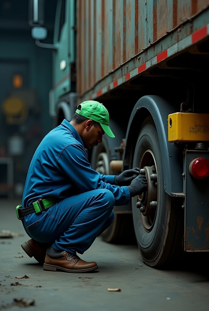 A mechanic crouching in an industrial workshop, wearing a blue uniform with green details and a fluorescent green cap, Check the back of a large truck. The image shows the truck&#39;s chassis with details such as a yellow plastic block attached and red taillights.. The workshop is dark, with equipment and tools in the background, and the mechanic is carefully inspecting the truck&#39;s suspension area or coupling system.