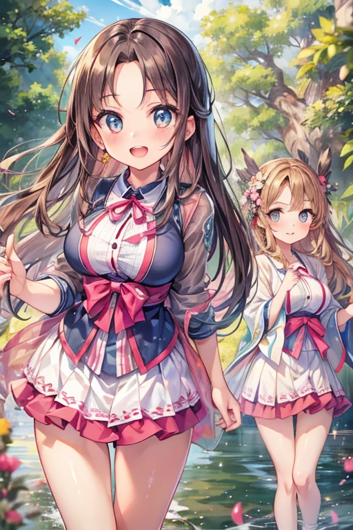 (Highest quality:1.5, Very detailed, Vibrant, Ultra-high resolution:1.2, High Contrast, masterpiece:1.2, Highest quality1.3), (((1 person, beautiful girl, Lori, LoriBig Breasts))),Anime Drawings, (Big Breasts1.3, Beautiful breasts 1.4, slender:1.3), {small}, ((Big Breasts)), Straight long hair, ((Full-body shots)), Neat clothes, Wearing clothes that emphasize the breasts, mini skirt, Sparkling eyes, Detailed face, thin髪, Detailed skin, (Beautiful Eyes:1.5), smile, Happy expression, Showing teeth, thin, Beautiful Skin, Break Blur background, Fantastic concept, Depicting water and light,Japanese anime, In the park, Beautiful light shines in,Open your hands, Bird's-eye view, RAW Photos, anime style