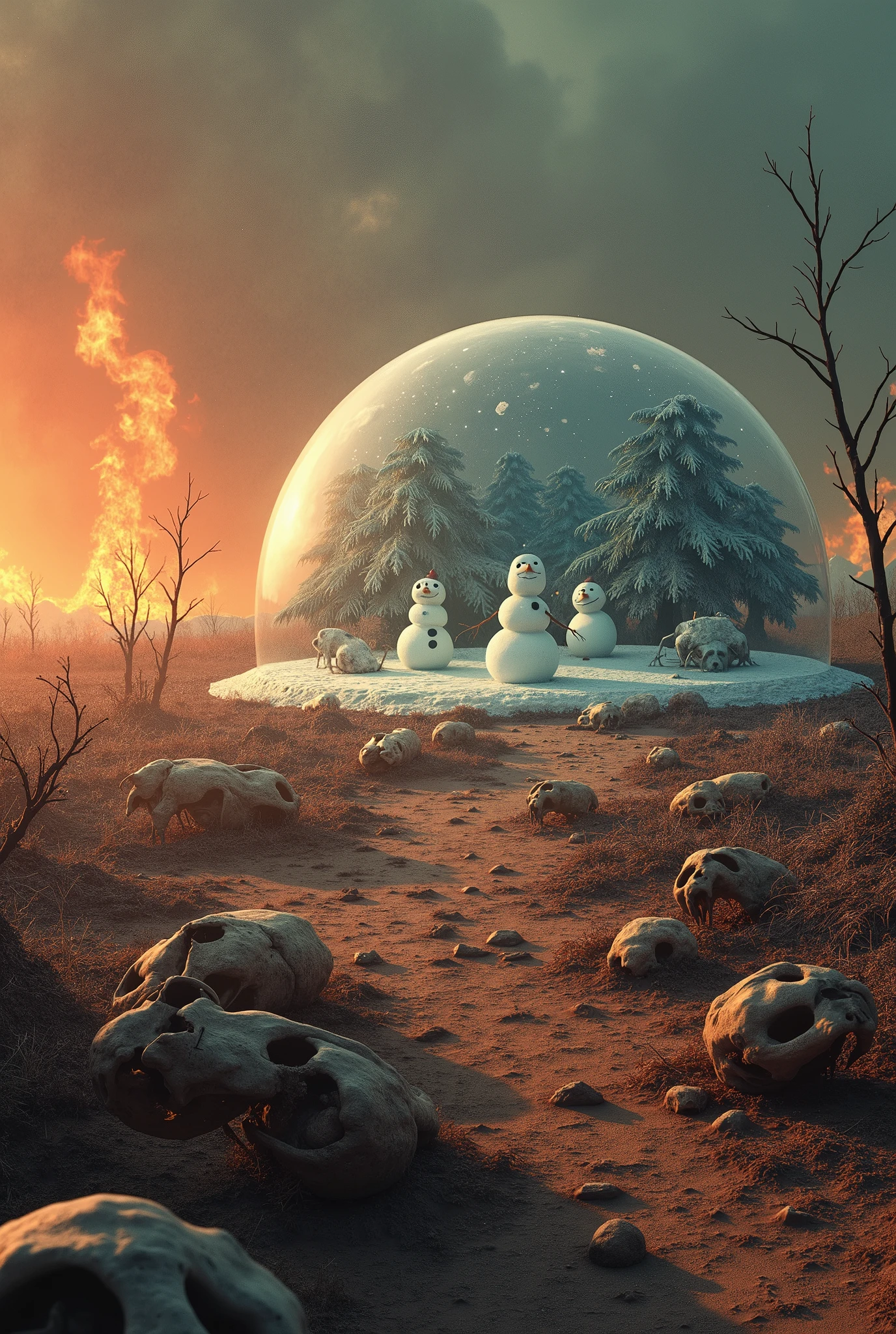 The skeletal remains of animals are scattered all over the scorching hot earth, where flames are dancing. , BREAK , Deep in the scorching earth there is a transparent hemispherical dome.。Inside the dome, snowmen are playing happily in the snowy scenery. , The contrast with the scorching hot earth outside the dome is dramatic. ,