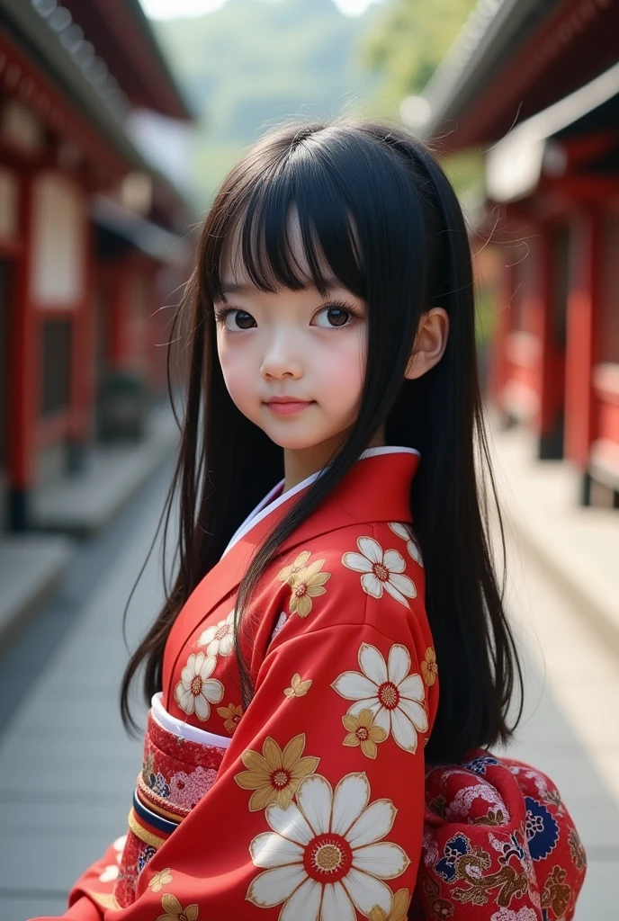 28歳のJapan人女性、kimono、The whole body is shown、The eyes are double、Baby face、Not facing the front、 Japan、Kyoto temple road、Being photographed、Medium-long black hair