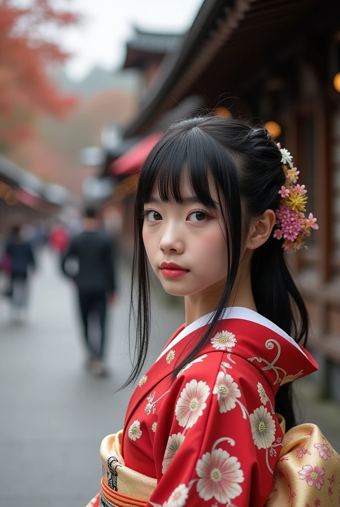 28歳のJapan人女性、kimono、The whole body is shown、The eyes are double、Baby face、Not facing the front、 Japan、Kyoto temple road、Being photographed、Medium-long black hair