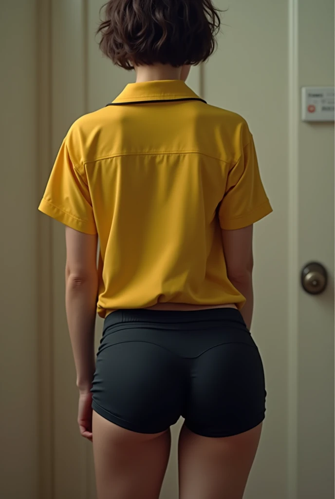 Generates an image of a girl with short hair and a yellow uniform shirt with black PE shorts and bends over and looks very sexy from behind seen from behind with her black shorts and a big butt seen from behind.