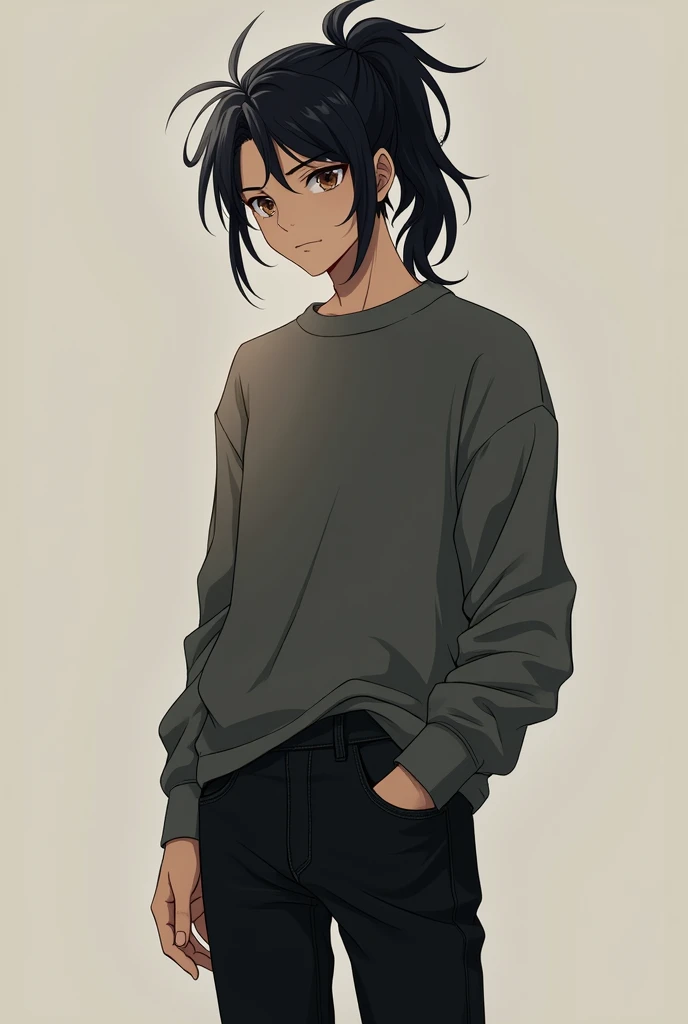 Young man, black hair with a ponytail, wears a Pullover and black jeans