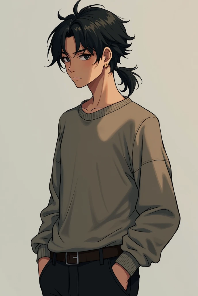 Young man, black hair with a ponytail, wears a Pullover and black jeans