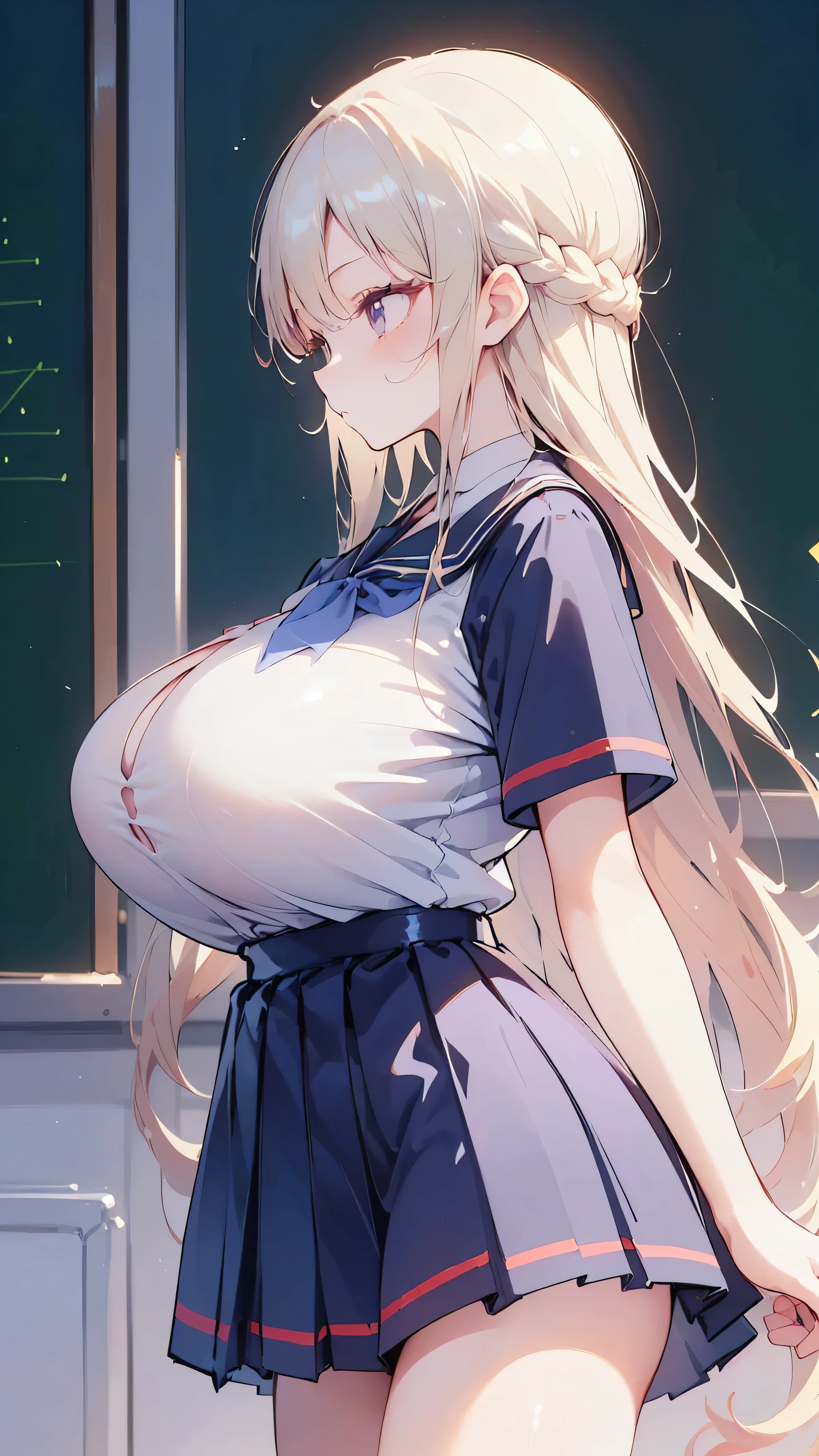 Ultra-high resolution, 8k,high quality,(Ultra-short stature,Gargari body,cowboy shot , ((no hat:1.3))),Slender,Cute hairstyle,(Side view,Cunning Hand),(iridescent light,soft shadow,Anime Painting,thin line drawing),((((super enormous cartoon-like tits,school uniform、Girl、)))),