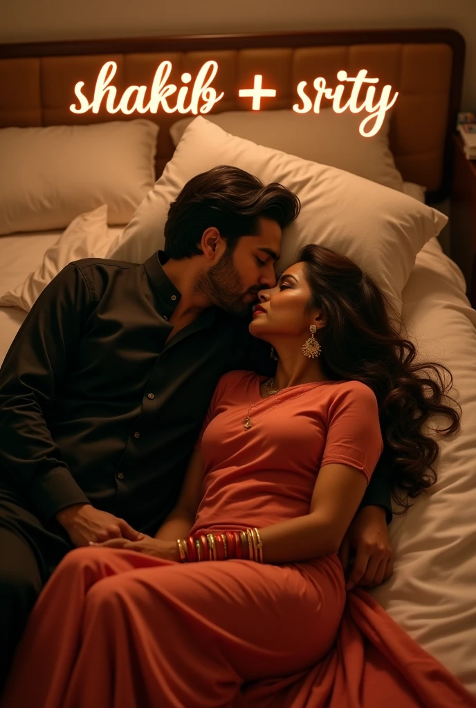 লেখা**: ডিজাইনের উপরের অংশে সুন্দর ও চোখে পড়ার মতো ফন্টে "Shakib + Srity" লেখা থাকতে হবে
1. **ব্যাকগ্রাউন্ড**: একটি বিছানার দৃশ্য, যেখানে একটি রোমান্টিক পরিবেশ তৈরি করা হয়েছে।
2. **চরিত্র**:
- **ছেলে**: বিছানায় শুয়ে আছে এবং তার পরণে একটি ব্ল্যাক কালারের পাঞ্জাবি রয়েছে।
- **মেয়ে**: ছেলের পাশে শুয়ে আছে এবং তার পরণে একটি সারি রয়েছে।
3. **অ্যাকশন**: ছেলে এবং মেয়ে একে অপরকে লিপ কিস এবং জরিয়ে চুমাচুম্মি করছে