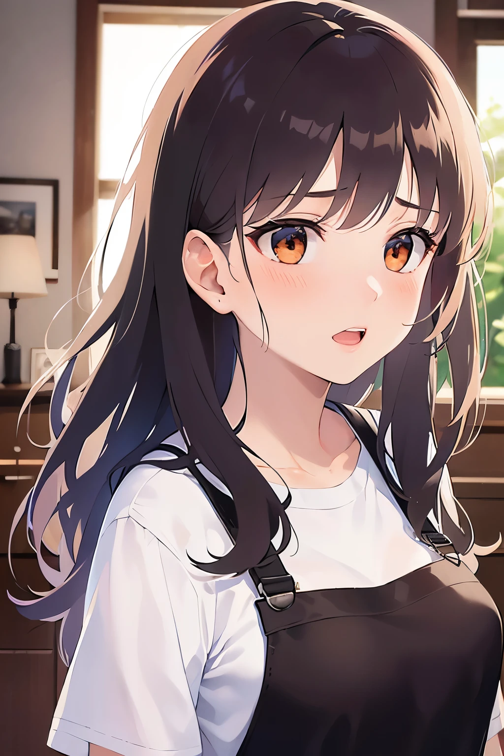 side angle. (looking away:1.5), Upper Body, Realistic, real person, (pale skin: 1.2), RAW photo, photorealistic, shiny skin, shiny hair、(A 2 woman with medium-length hair and bangs) and (wavy hair) and (brown hair) and (orange eyes) , White T-shirt 、Red Apron、open mouth, sad, (blush:1.3), The background is the living room、Alone、Are standing