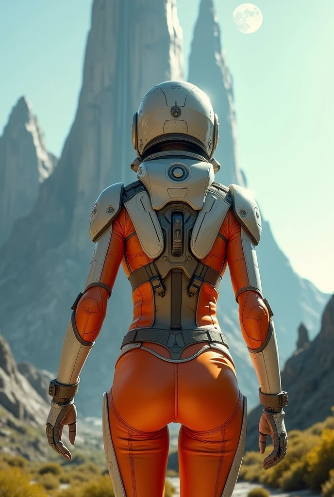 rear angle, Highly detailed RAW color Photo, Rear Angle, Full Body, of (female space soldier, wearing orange and white space suit, helmet, tined face shield, rebreather, accentuated booty), outdoors, (looking up at advanced alien structure, on alien planet), toned body, big butt, (sci-fi), (mountains:1.1), (lush green vegetation), (two moons in sky:0.8), (highly detailed, hyperdetailed, intricate), ((DAY TIME)), (lens flare:0.7), (bloom:0.7), particle effects, raytracing, cinematic lighting, shallow depth of field, photographed on a Sony a9 II, 50mm wide angle lens, sharp focus, cinematic film still from Gravity 2013, from behind