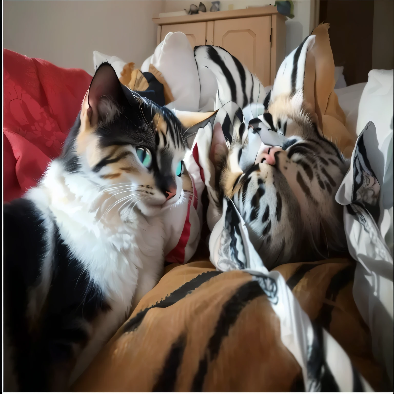 there are two cats that are laying on a bed together, they are close to each other, real-life tom and jerry, two cats, cats on her side, proud looking, looking towards the camera, friends, i close together, close to the camera, detailed picture, cool looking, tiny, looking towards camera, give them angels wings