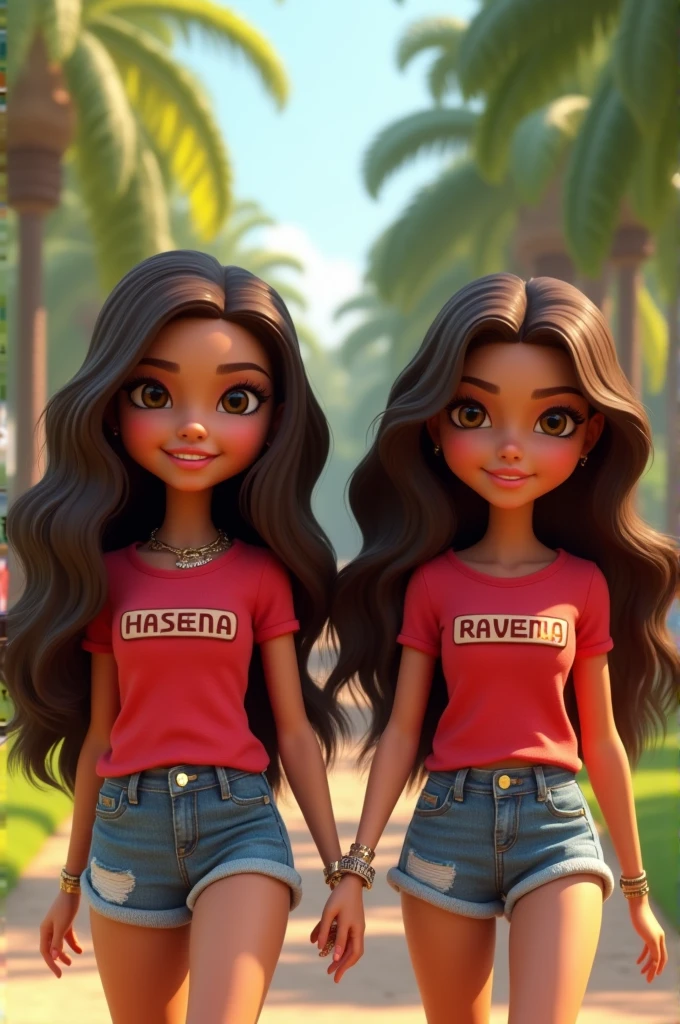 A captivating 3D animated scene featuring two charming young Latin ladies, Rosmeri and Nadine, with Bratz-style features and brunette hair. They both t red t-shirts with their names in bold letters, and pants. Rosmeri's shirt has a nameplate that reads Haseena while Nadine's reads Raveena. With big smiles on their faces, the girls are strolling through a picturesque park. Their long, wavy brown hair gently flows in the breeze, and their expressive brown eyes sparkle with joy. The background is a stunning 18k UHD realistic rendition of a lush park setting, showcasing a blend of nature and urban elements. The overall atmosphere is playful and fashionable, perfect for a summer day., photo, 3d render, fashion